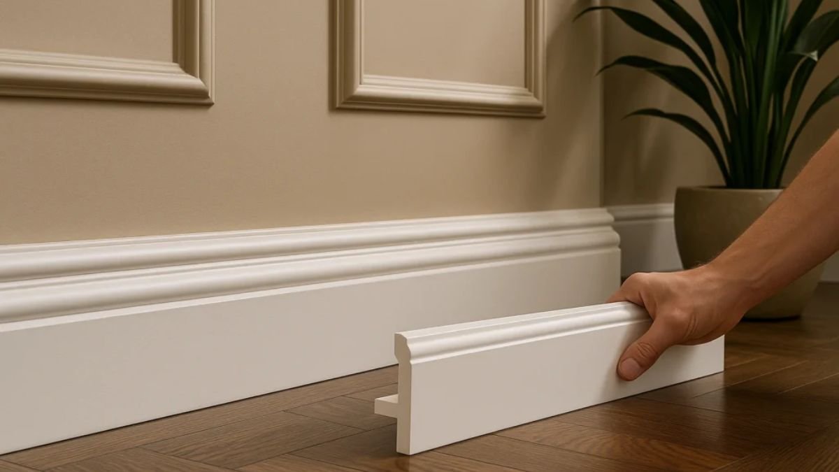 rodape sendo colocado na parede